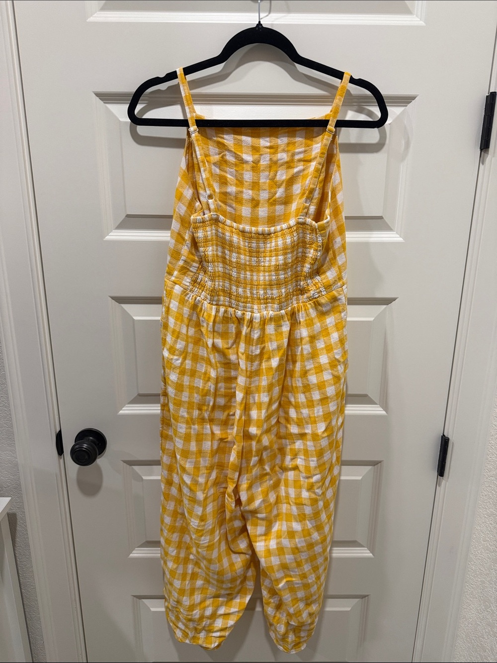 Old Navy Yellow White Gingham Spaghetti Strap Capri Jumpsuit with pockets - Picture 3 of 5